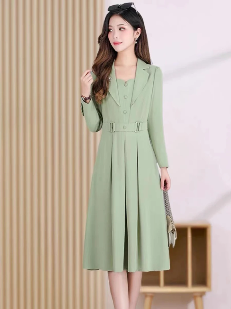 A883 气质连衣裙女显瘦收腰时尚减龄遮肉修身遮肚洋气纯色长袖裙