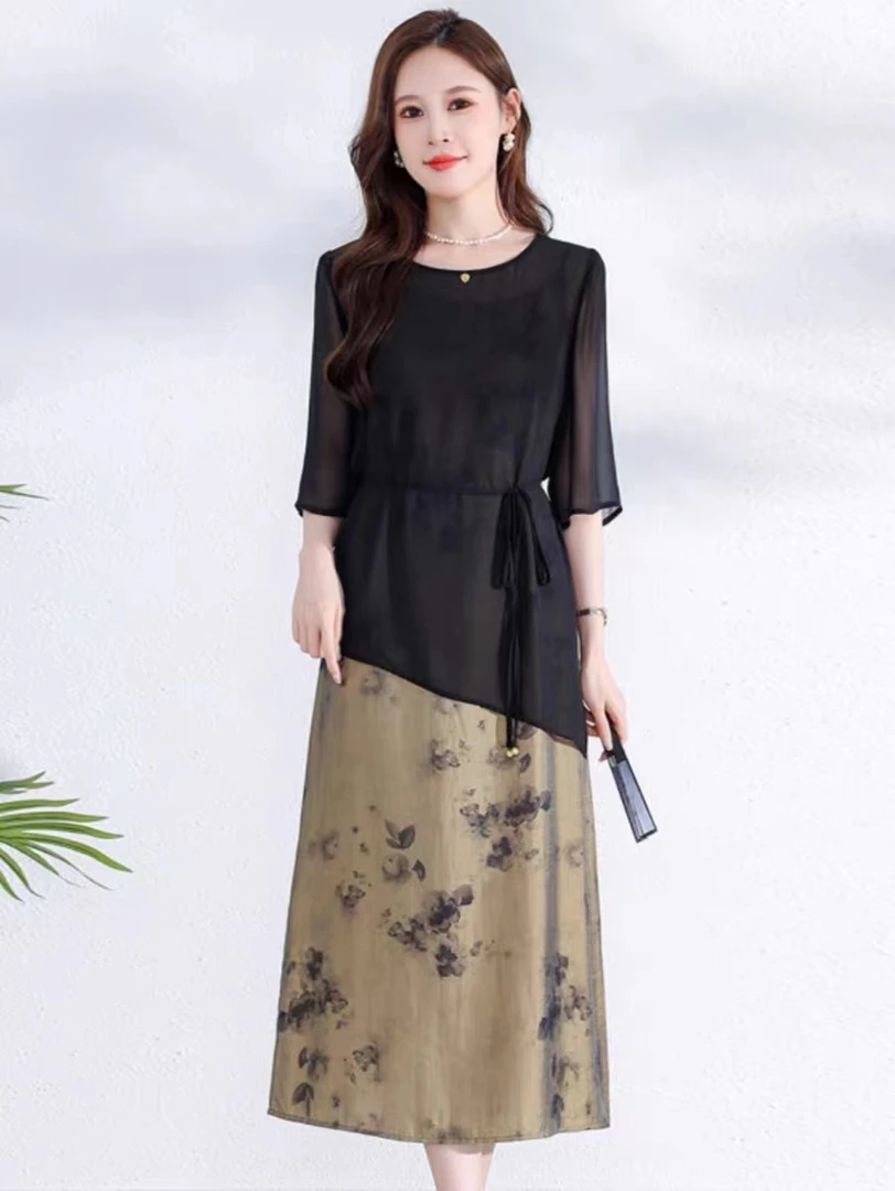 A1266 女装套装连衣裙显瘦气质拼色时尚夏季洋气百搭收腰温柔法式