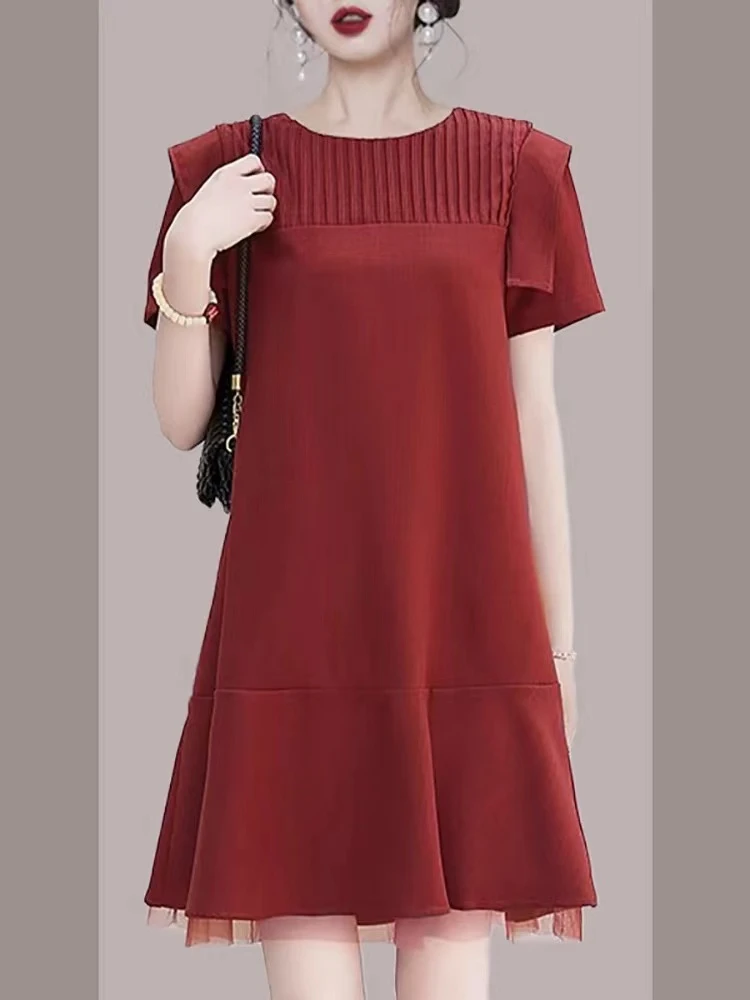 X875 夏季气质连衣裙女显瘦收腰时尚减龄遮肉休闲纯色百褶A字裙子