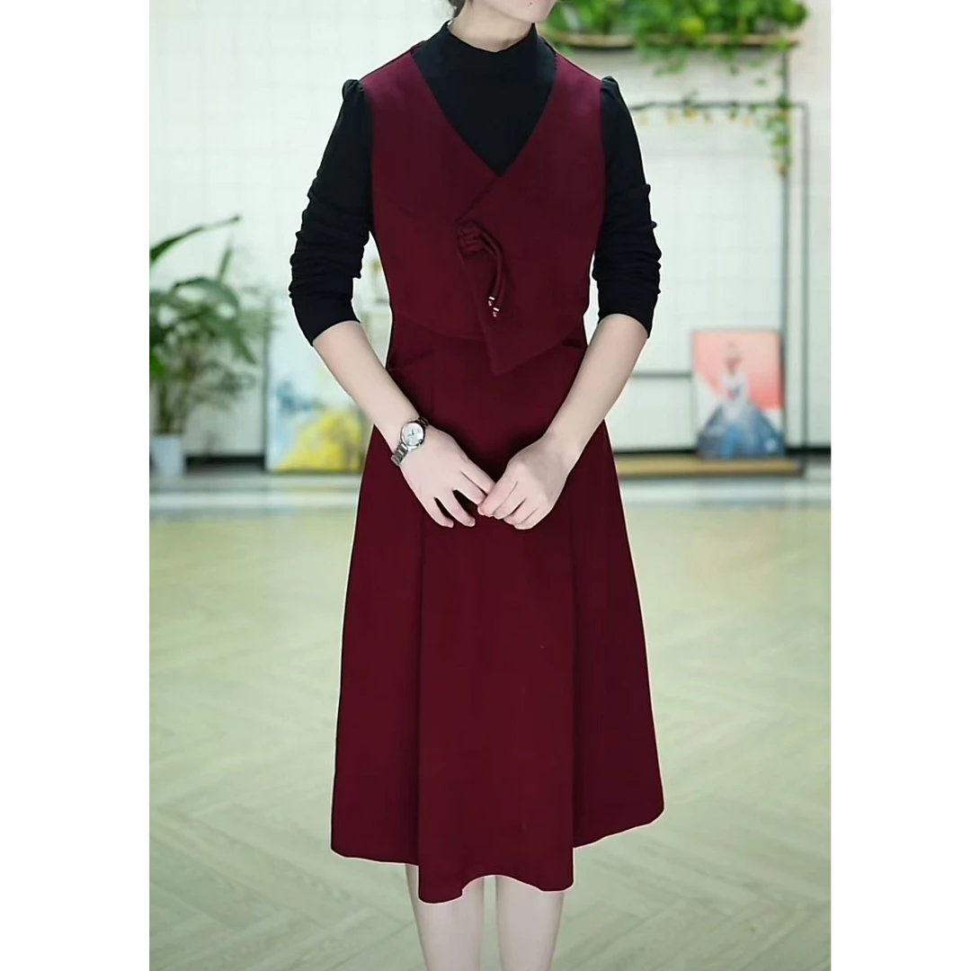 X0262 气质连衣裙女显瘦时尚减龄遮肉圆领假两件休闲拼接A字裙子