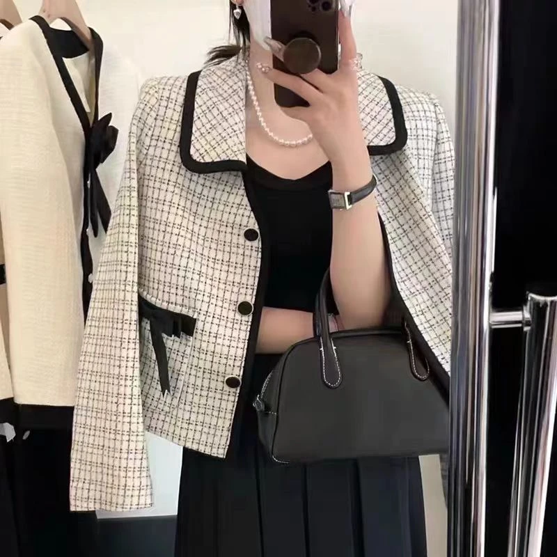 CF029上衣女外套小香风气质百搭时尚百搭千鸟格洋气轻奢法式短款