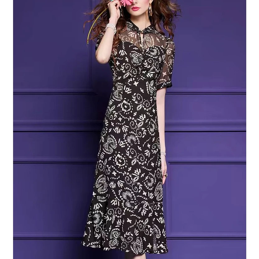 X590 气质女装连衣裙夏季新时尚轻奢洋气休闲显瘦碎花鱼尾A字裙子