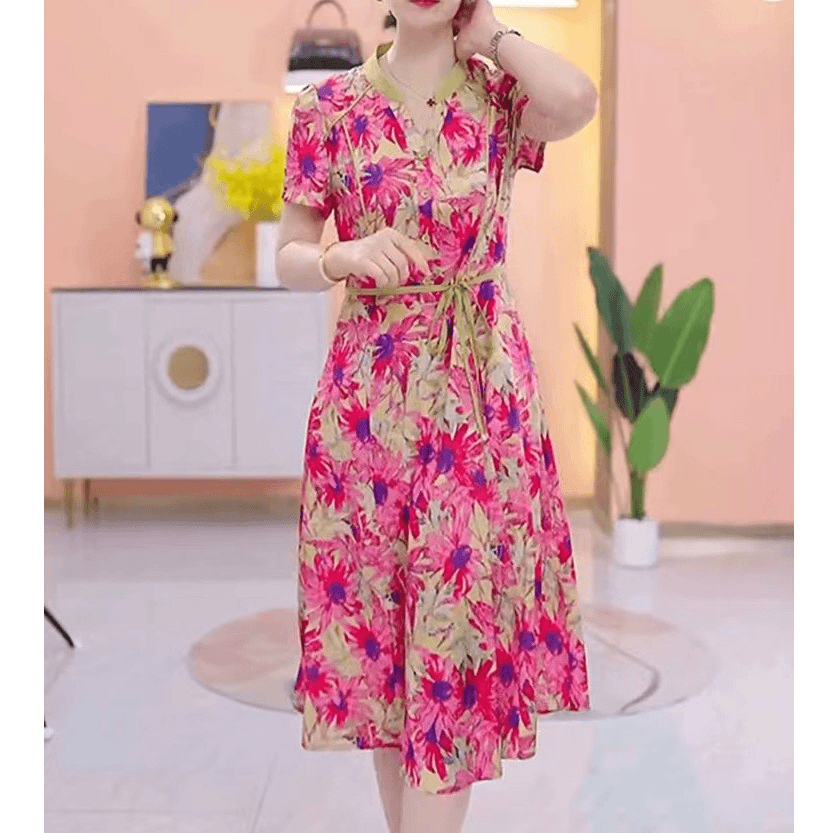 X2053 夏季气质连衣裙女显瘦收腰时尚减龄遮肉修身粉大花A字裙子