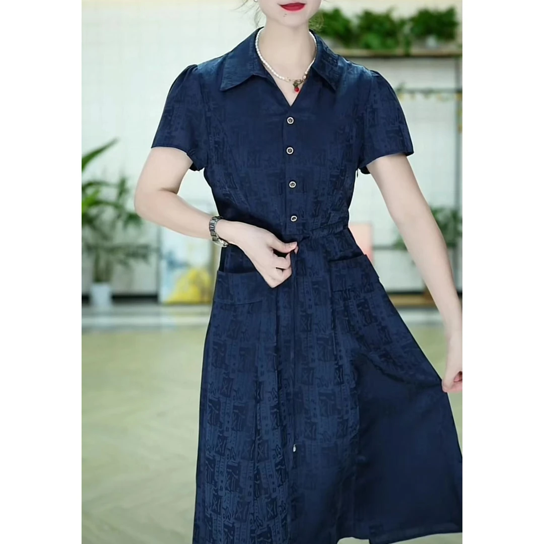 W118 气质连衣裙女显瘦收腰时尚减龄遮肉修身遮肚休闲印花短袖裙