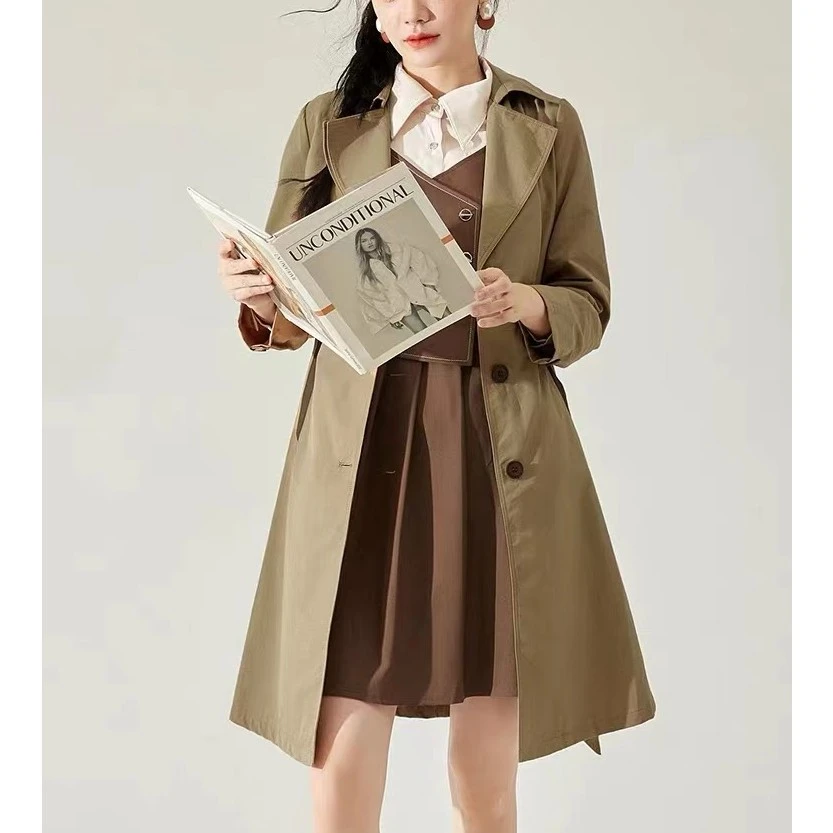 H862 纯色中长款风衣大码休闲秋季韩版百搭时尚衬衣领风衣外套