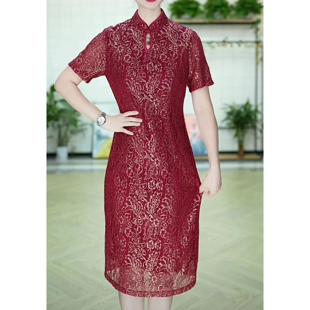 X335 气质女装连衣裙夏季新时尚轻奢洋气休闲显瘦红色刺绣A字裙子