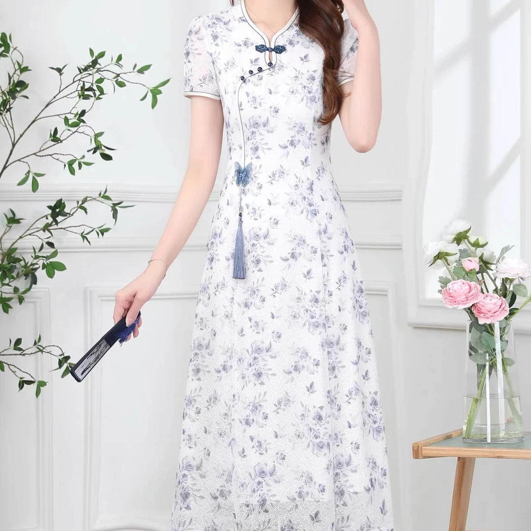 D115洋气妈妈新中式改良旗袍连衣裙女短袖夏新款大码礼服裙子