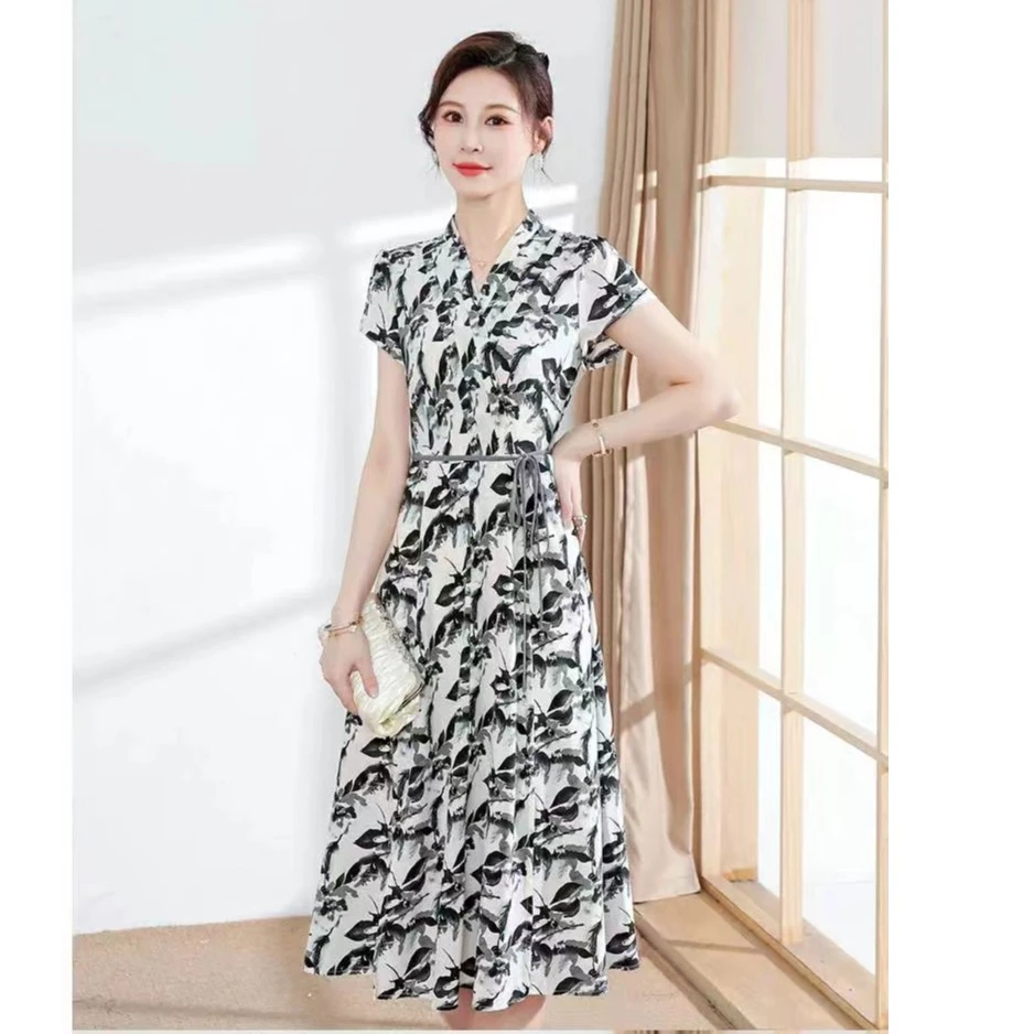 Z19 夏季洋气优雅设计感新款国风修身收腰显瘦气质打底碎花长裙