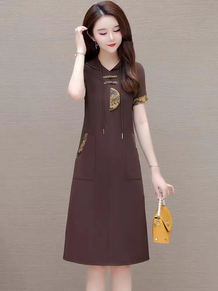 X030 气质连衣裙女显瘦收腰时尚减龄遮肉修身遮肚洋气国风短袖裙