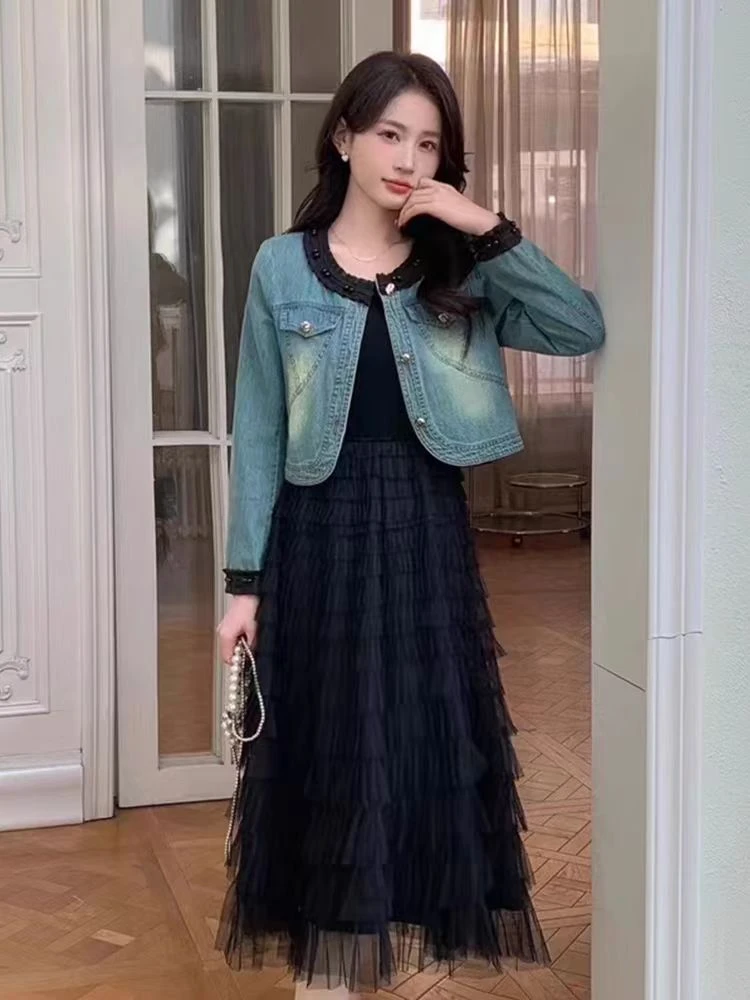 T182 气质两件套女士宽松洋气时尚休闲法式收腰百搭显瘦牛仔套裙