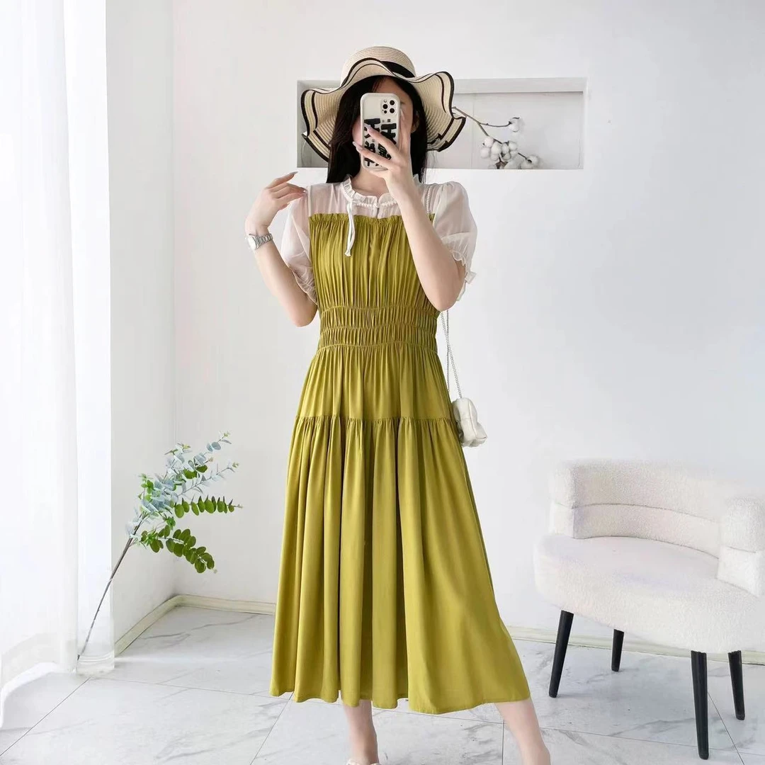 X320 气质女装连衣裙夏季时尚轻奢洋气休闲显瘦拼接盘扣A字裙子