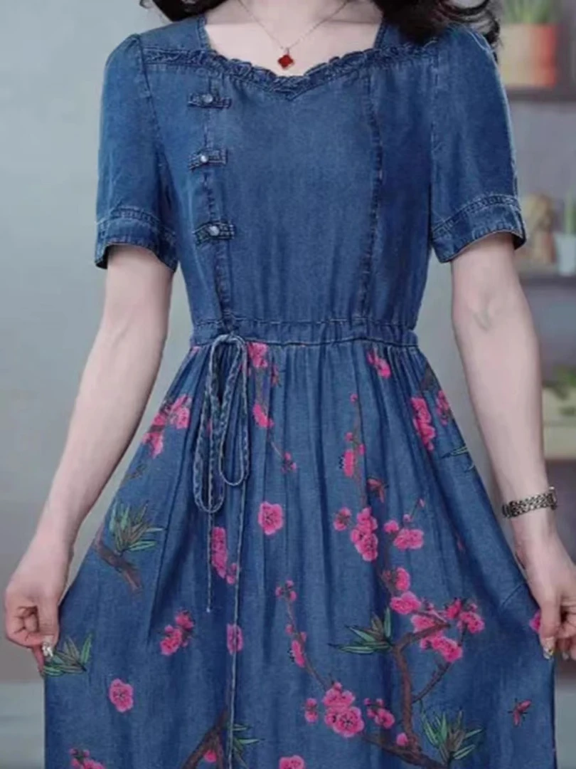 A1236气质牛仔拼接女装连衣裙2024夏季新款时尚显瘦假两件A字裙子