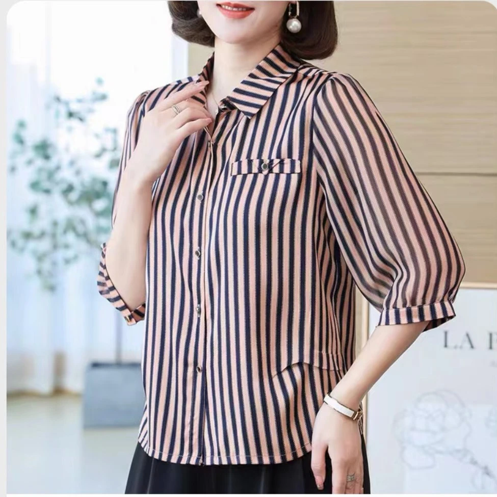 A500 春夏显瘦夏季女士气衬衣质韩版时尚洋气条纹休闲百搭小衫