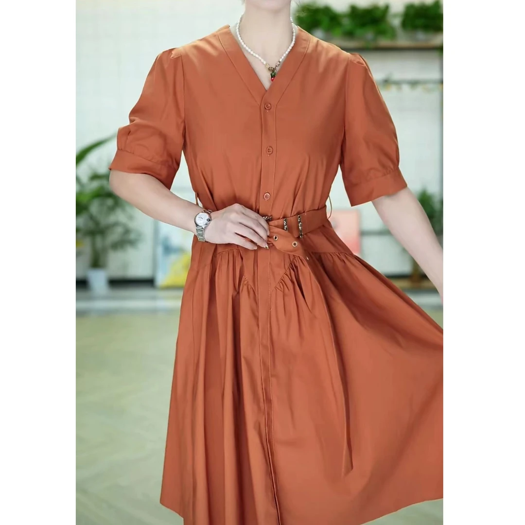 X0037 气质连衣裙女夏显瘦收腰时尚减龄遮肉休闲V领纯色腰带A字裙