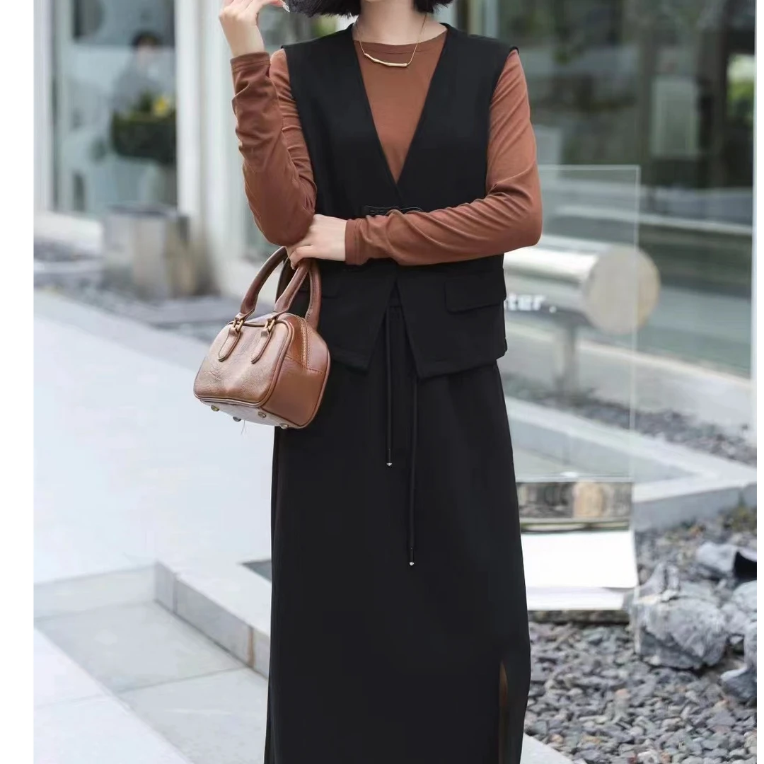 T367 时尚套装显瘦气质修身洋气休闲秋季减龄长袖三件套裙中长款