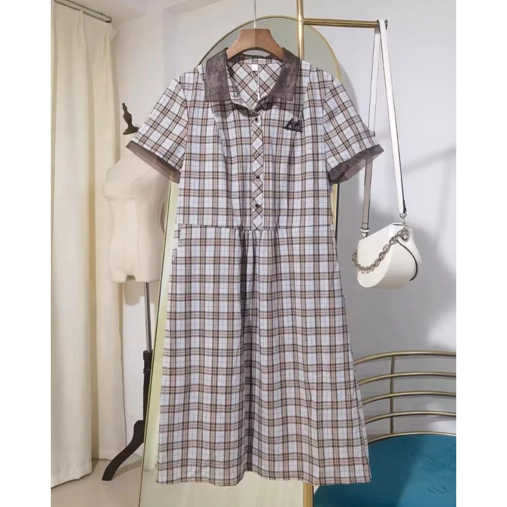 Q201  春夏新款时尚洋气休闲格子遮肚显瘦连衣裙气质百搭中长裙