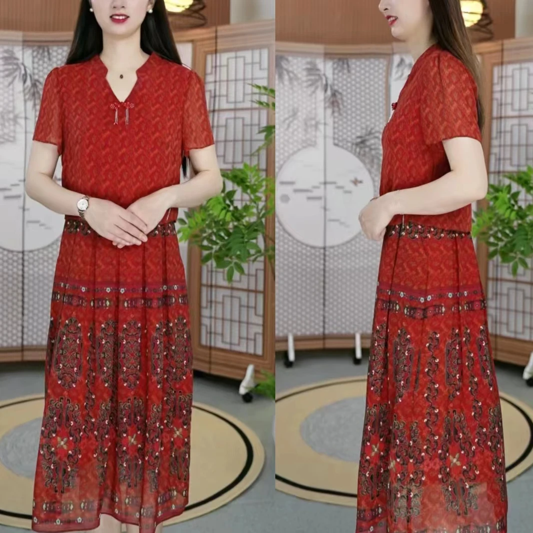 X633 夏季气质连衣裙女显瘦收腰时尚减龄遮肉休闲假两件碎花A字裙