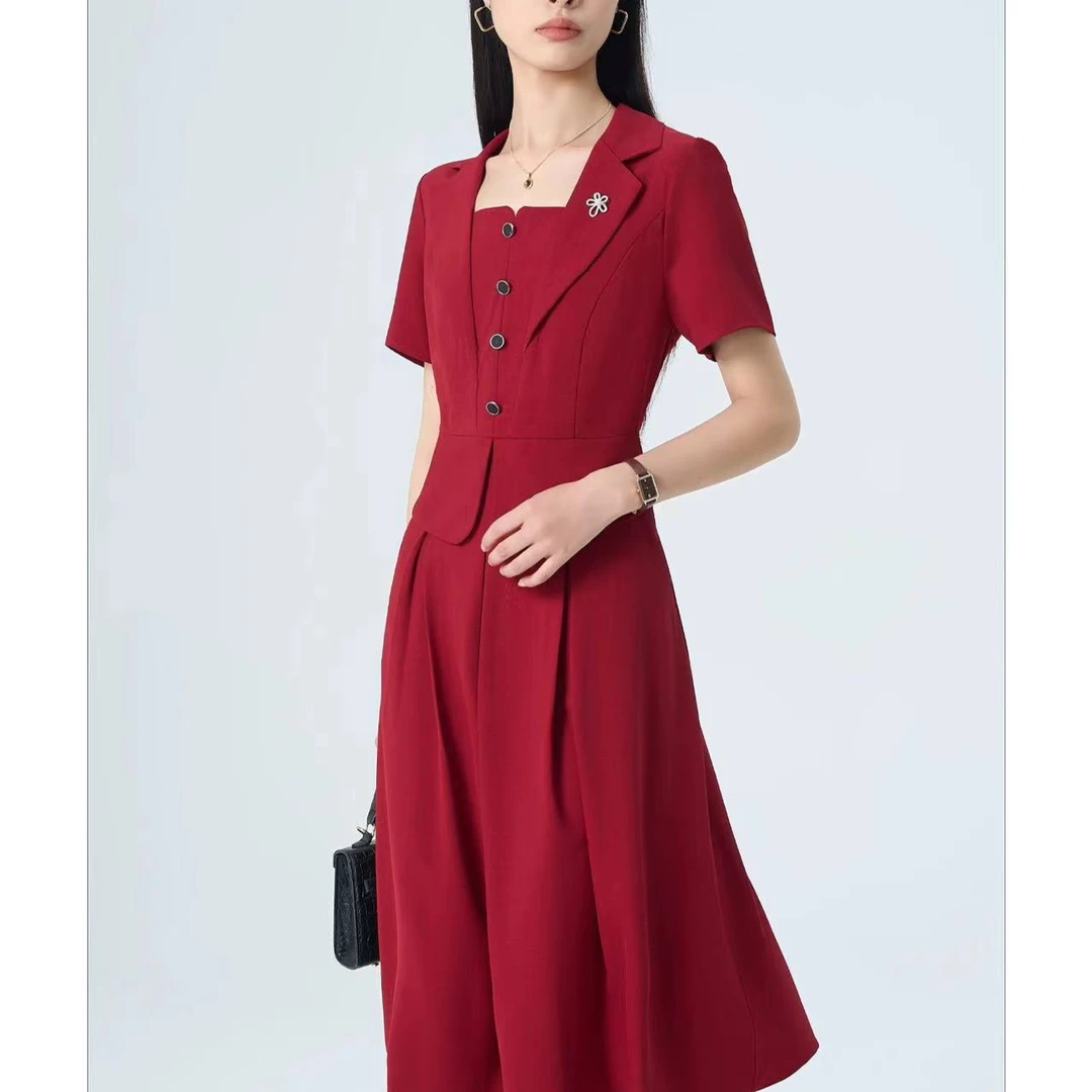 X099 夏季气质连衣裙女显瘦收腰时尚减龄遮肉修身假两件A字裙子