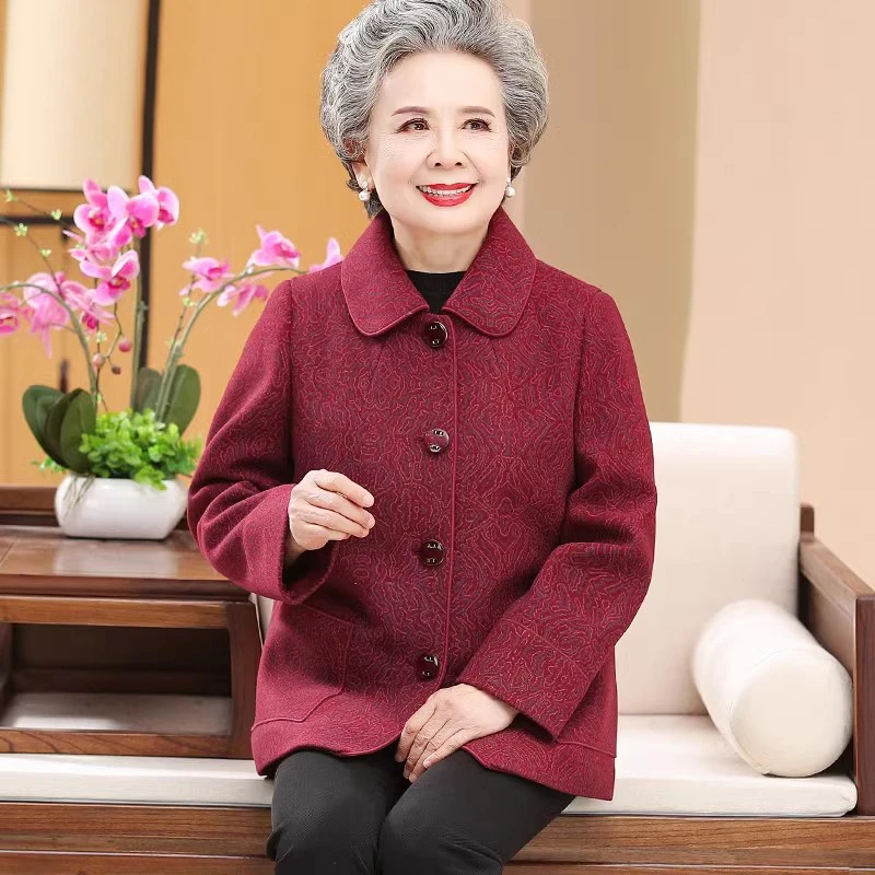 中老年妈妈秋装呢子上衣60岁奶奶翻领毛呢外套2024新款老太太衣服