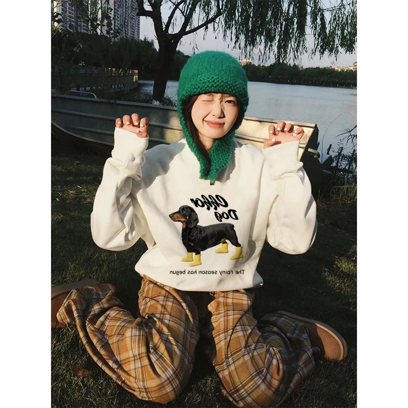 印花日系小众复古圆领卫衣加厚加绒女款秋冬季宽松慵懒风卫衣学生