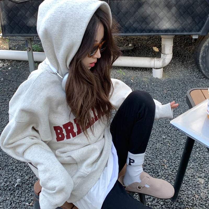 复古休闲宽松慵懒风oversize加绒加厚卫衣女款秋季连帽上衣秋冬款