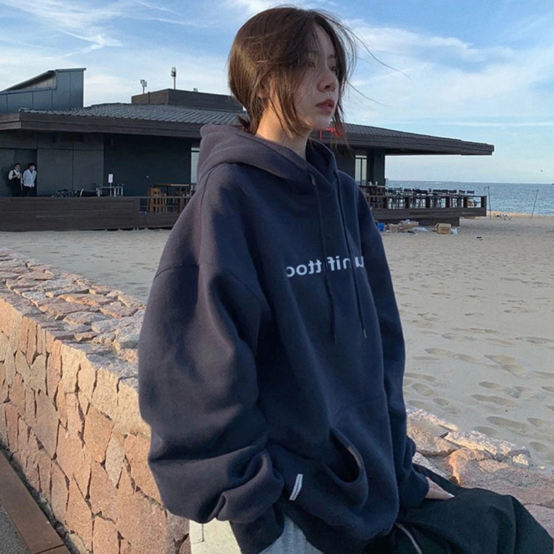 美式复古秋冬季连帽加绒加厚卫衣女款宽松慵懒风卫衣学生韩版百搭
