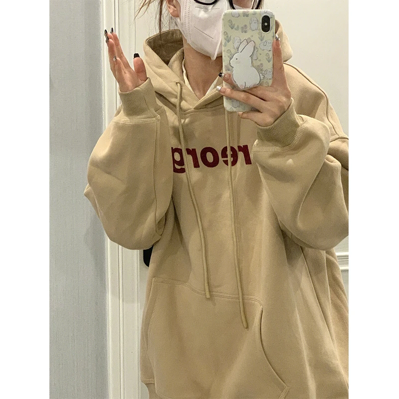 美式复古字母连帽卫衣女款秋冬款加绒加厚宽松oversize小众ins风