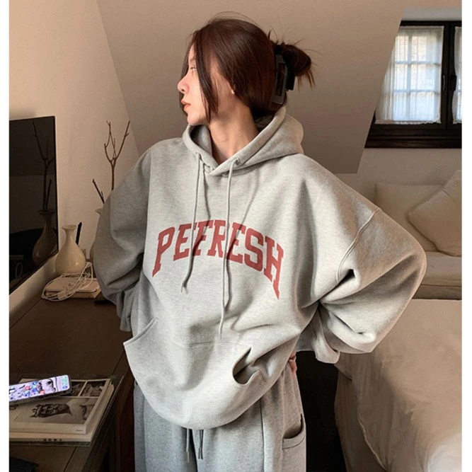 灰色美式复古字母百搭加绒加厚卫衣女款秋冬款宽松慵懒风外套学生