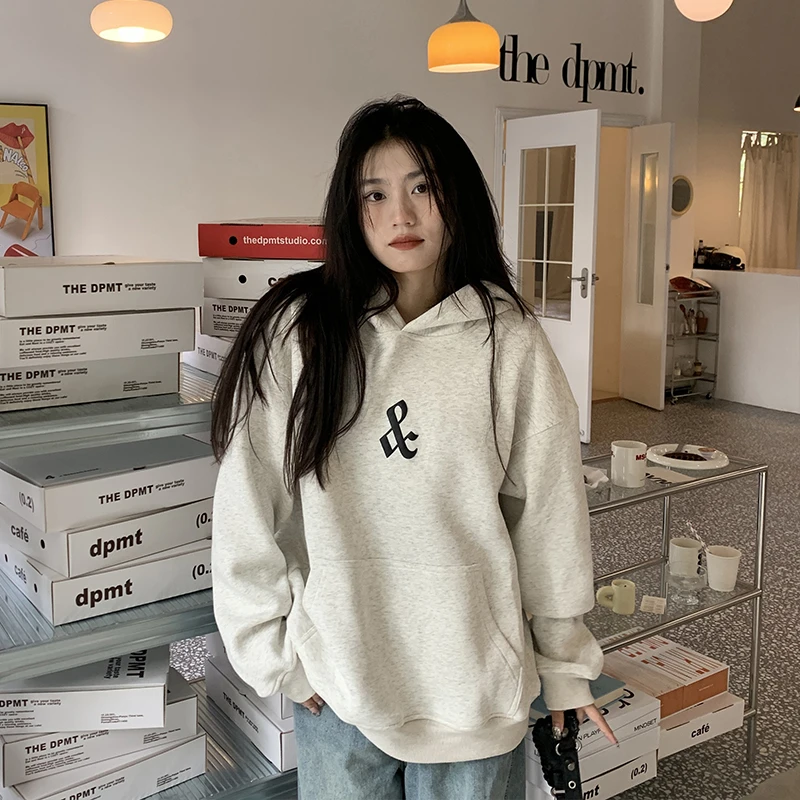 休闲连帽印花卫衣女款秋冬款韩系加绒加厚宽松遮屁股百搭长袖ins