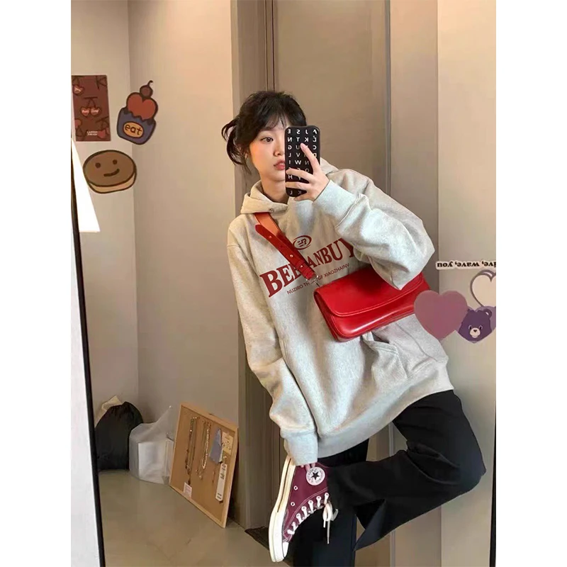 秋冬款美式连帽卫衣女款高街加绒加厚ins风外套上衣长袖百搭休闲