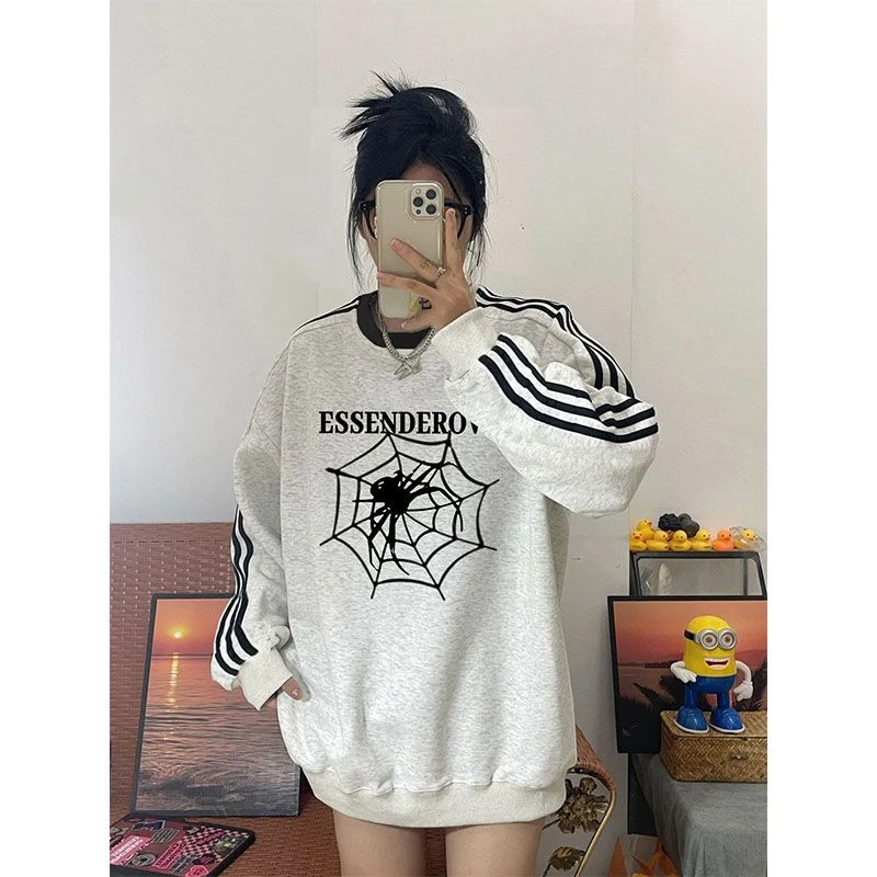蜘蛛字母印花爆款三条杠卫衣女款秋冬款韩版宽松圆领长袖加绒加厚