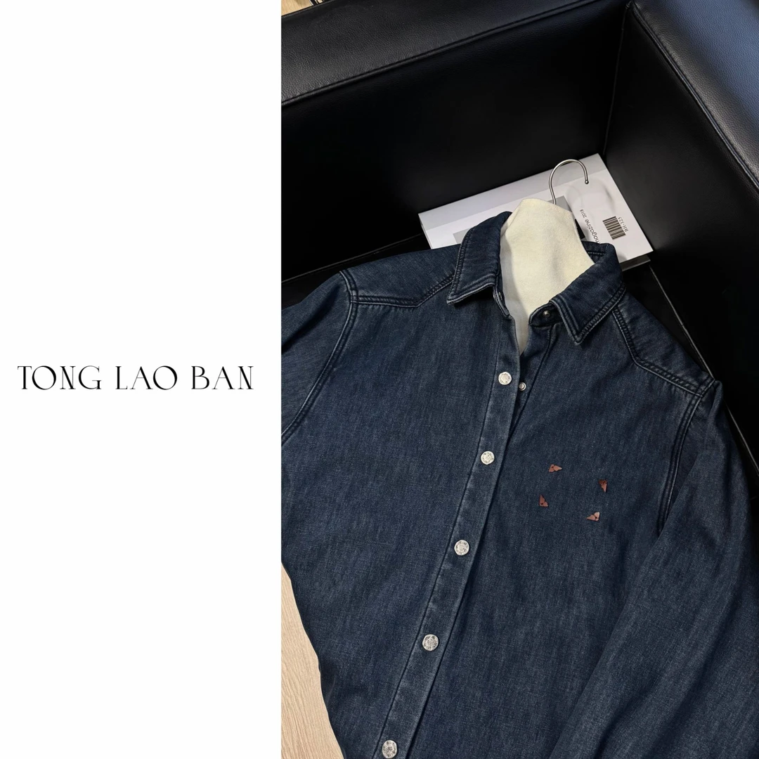 TONG 大码微胖 加绒刺绣牛仔衬衫