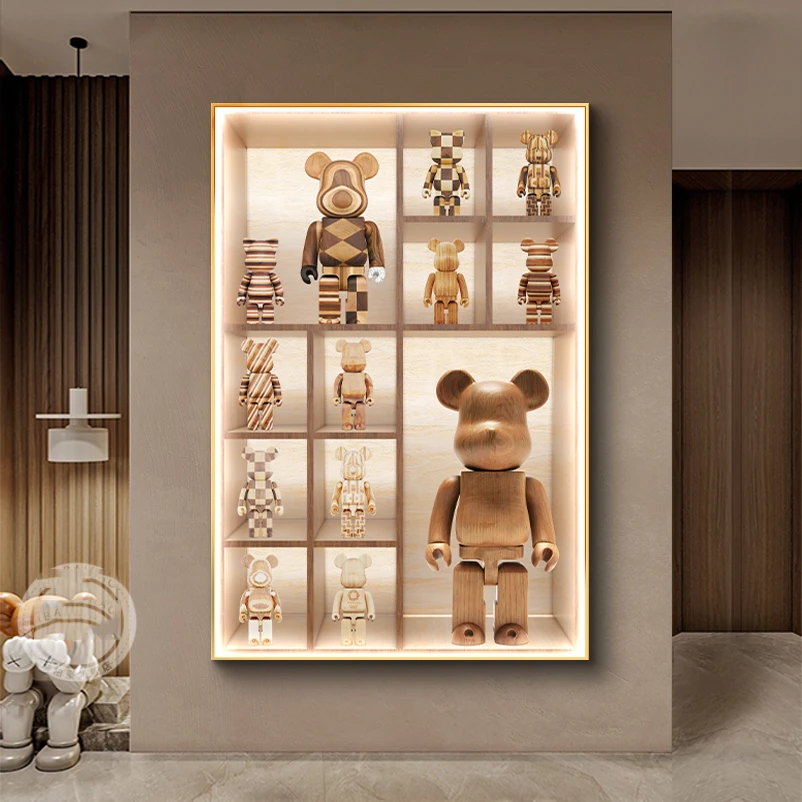 现代简约玄关装饰画led灯原木风暴力熊客厅走廊过道入门晶瓷挂画