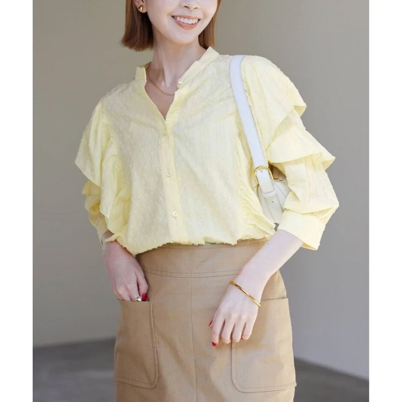 【TaKuMi】日系品牌 夏季新款 S 设计感甜美全立体凹凸荷叶边衬衫