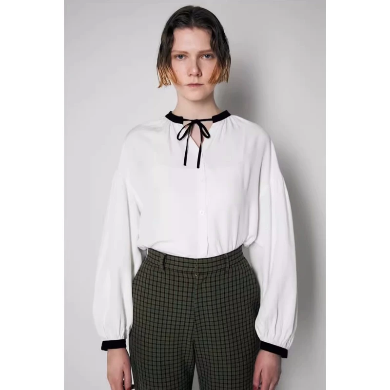 【TaKuMi】日系品牌 夏季新款 M 纯色休闲百搭气质撞色系带衬衫女