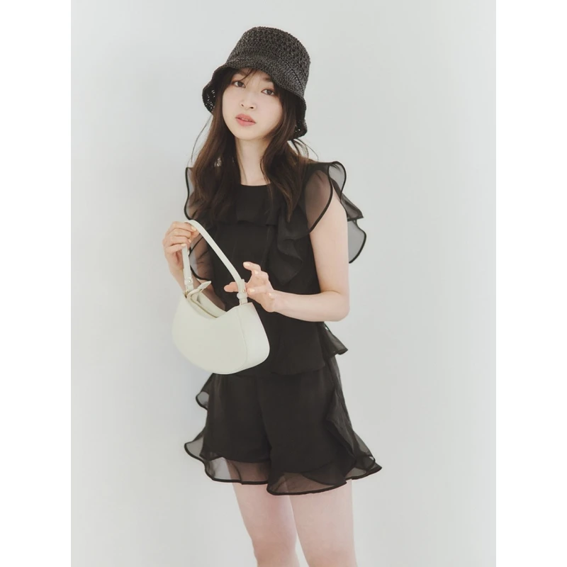 【小E家】日系品牌 夏季新款 S 甜美减龄纯色高腰荷叶边雪纺短裤