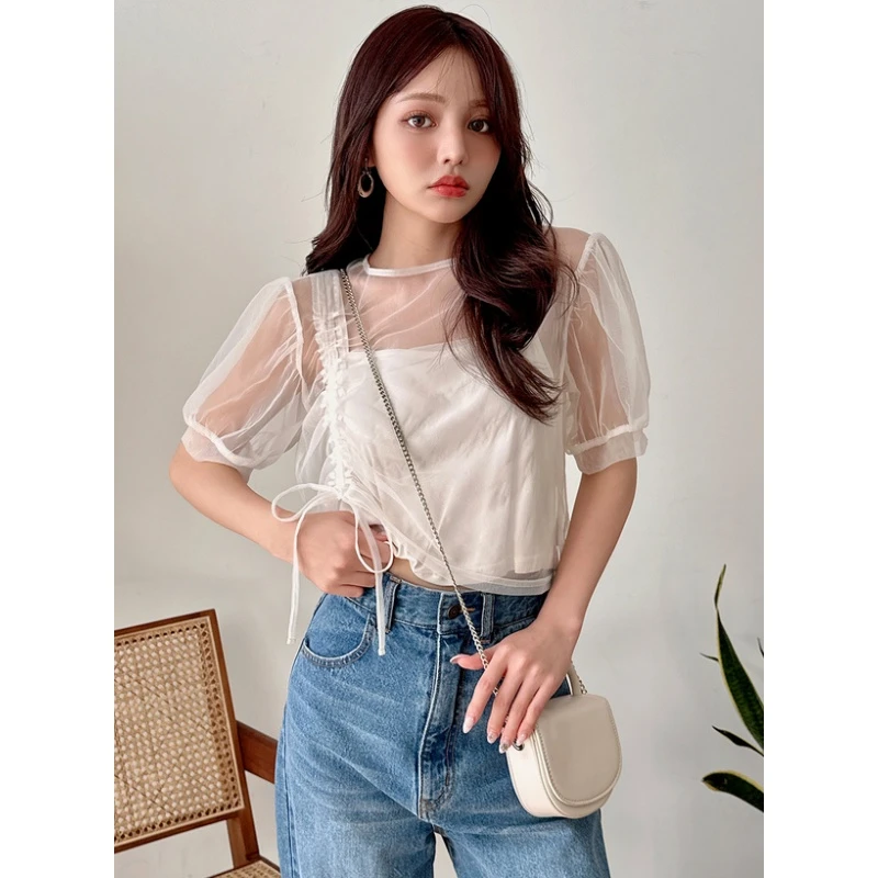 【TaKuMi】日系品牌 夏季新款 G 简约内搭吊带微透视薄纱短衬衫