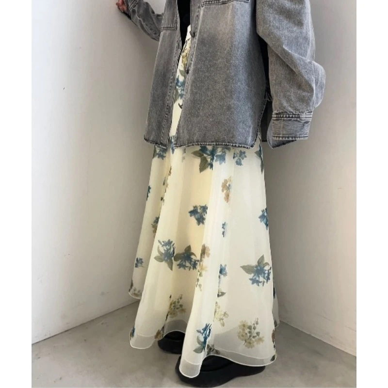 【TaKuMi】日系品牌 夏季新款 A 气质优雅复古印花网纱大摆半身裙