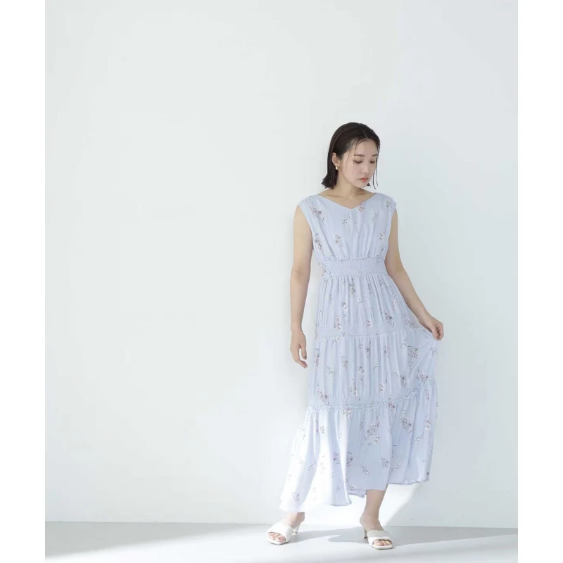【TaKuMi】日系品牌 春夏新款 N 气质乔其纱面料无袖印花连衣裙