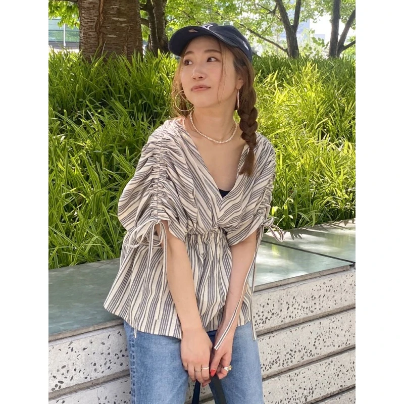 【MonTendre】 U 夏季新款 休闲小清新百搭压褶抽绳收腰衬衫