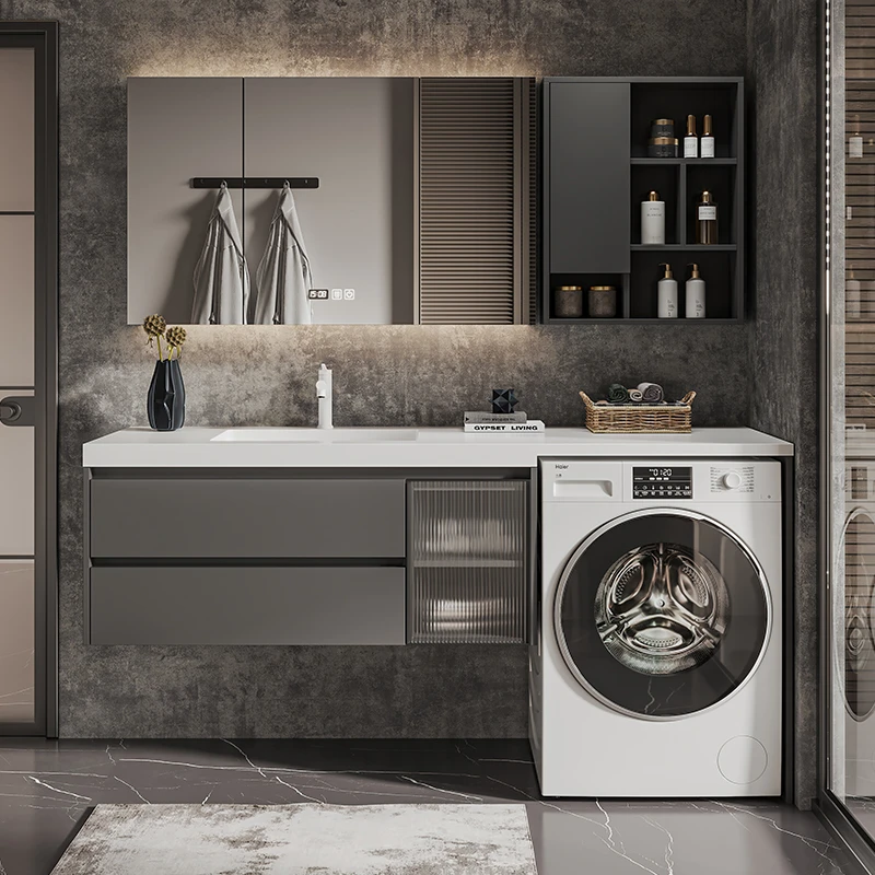 定制阳台洗衣机柜组合岩板浴室柜陶瓷盆智能卫浴洗脸盆柜一体盆