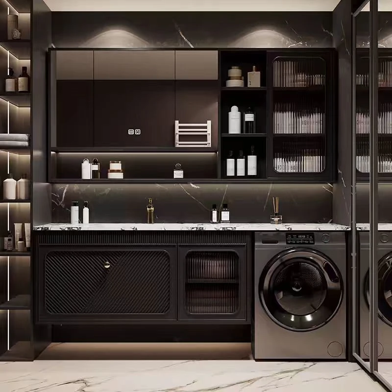 定制轻奢法式洗衣机柜组合岩板浴室柜一体无缝陶瓷盆洗手柜洗脸盆