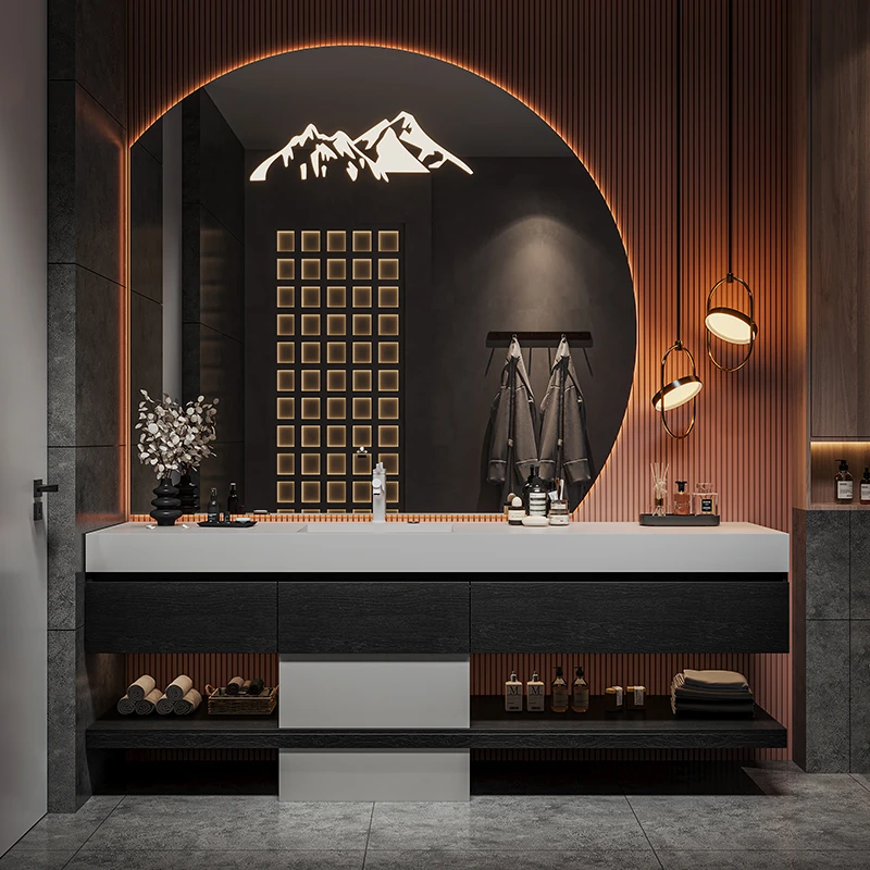 定制岩板浴室柜盆无缝陶瓷盆无缝一体洗手洗漱台面盆柜酒店风