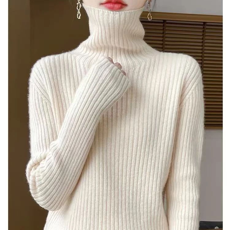 一线成衣100%纯羊抽条高领七针加厚300克时尚百搭秋冬羊毛衫