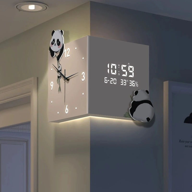 免打孔熊猫挂钟客厅转角钟双面时钟简约万年历电子钟拐角钟表挂墙