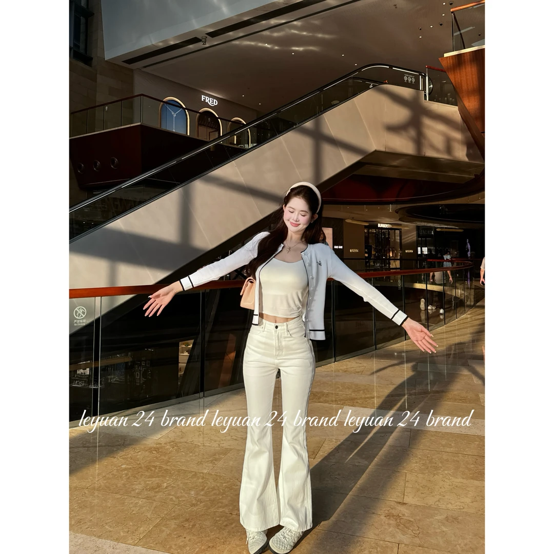 【白微喇】LEYUAN牛仔裤白色喇叭裤新款高腰弹力修身显瘦微喇牛仔裤