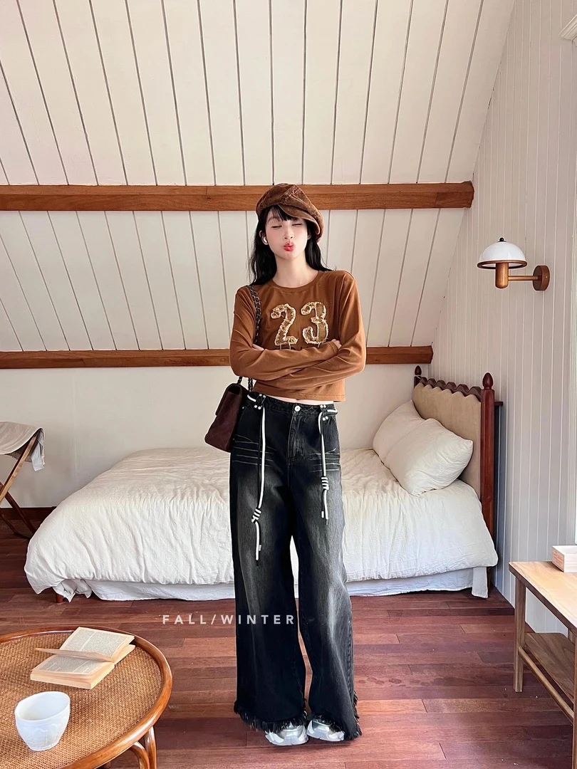 【kimss】复古水洗猫须直筒牛仔裤