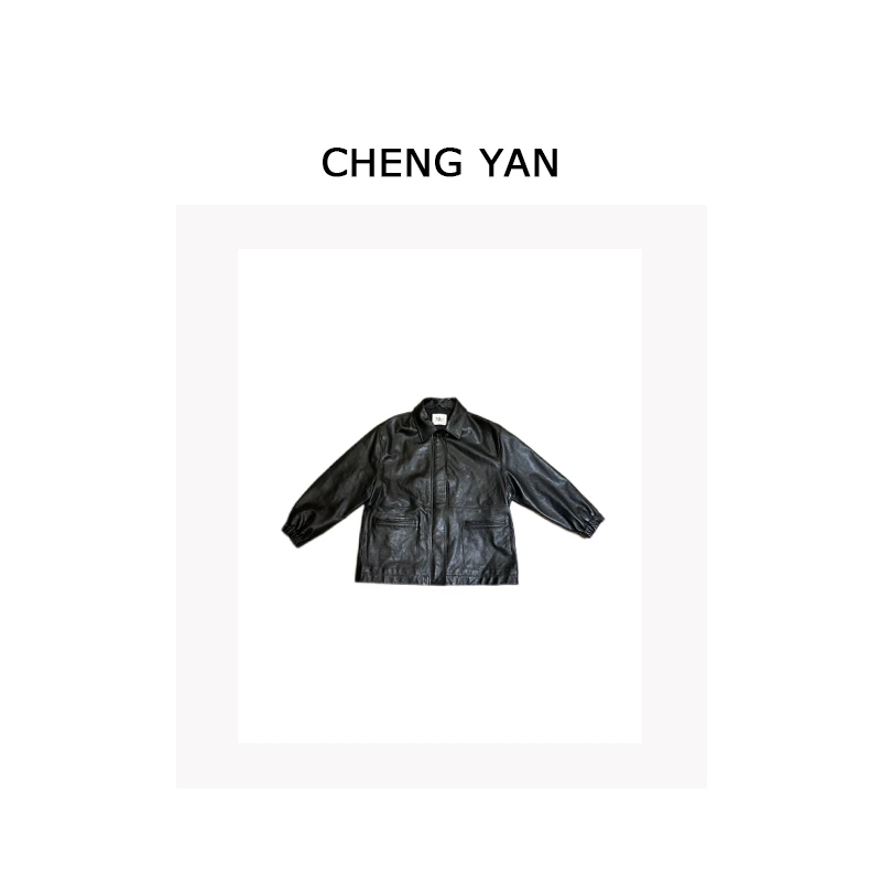 CHENGYAN翻领横口袋皮衣
