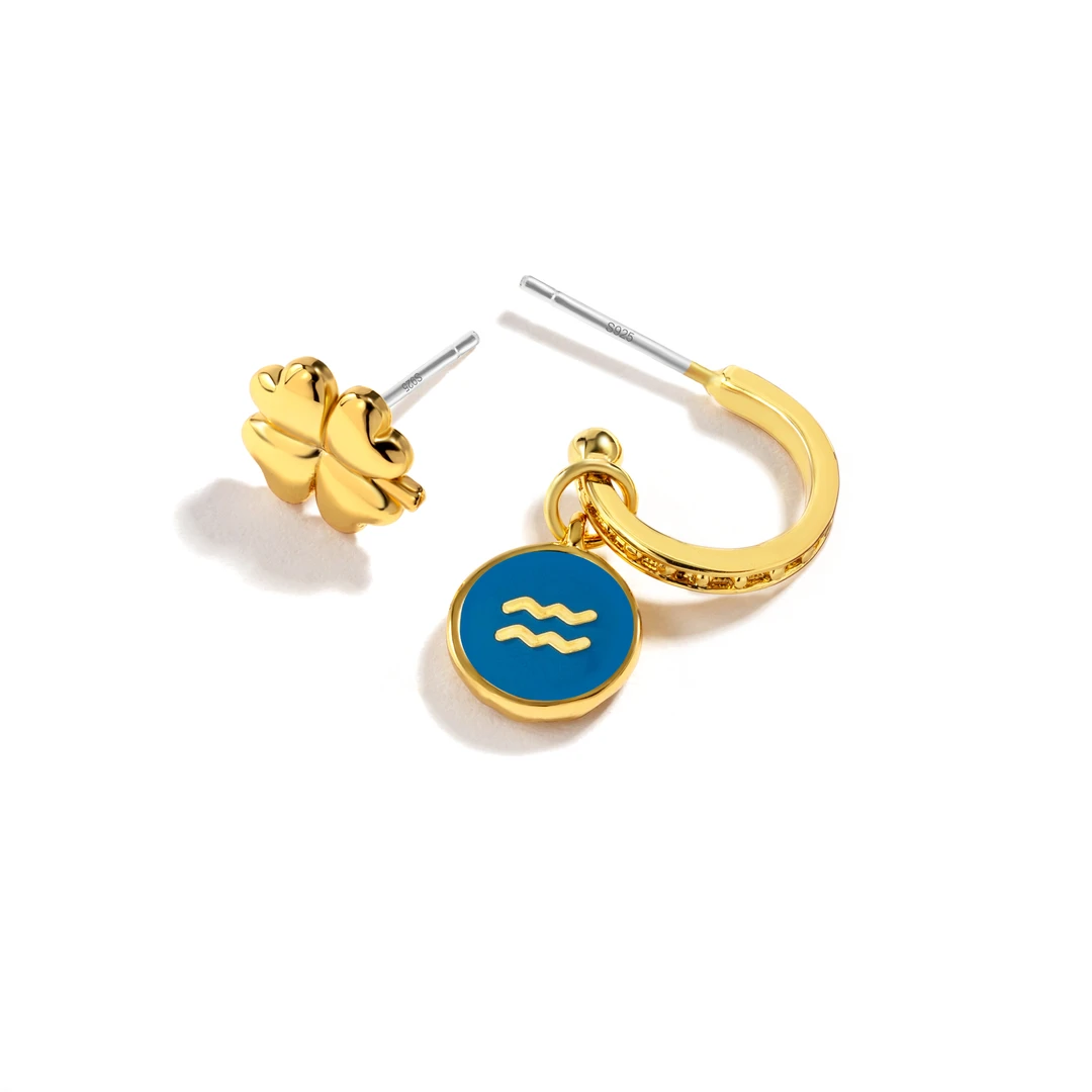 JuicyGrape 黄铜珐琅耳饰 女幸运四叶草十二星座不对称耳饰简