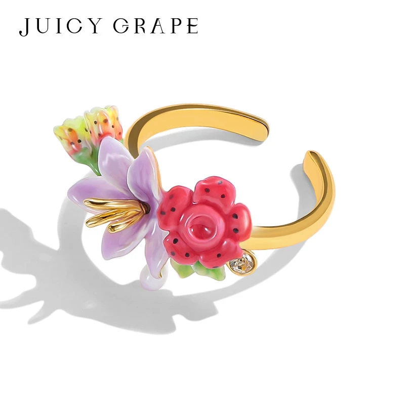 JuicyGrape 铜合金珐琅戒指 丛林秘语热带花小众个性法式食指戒